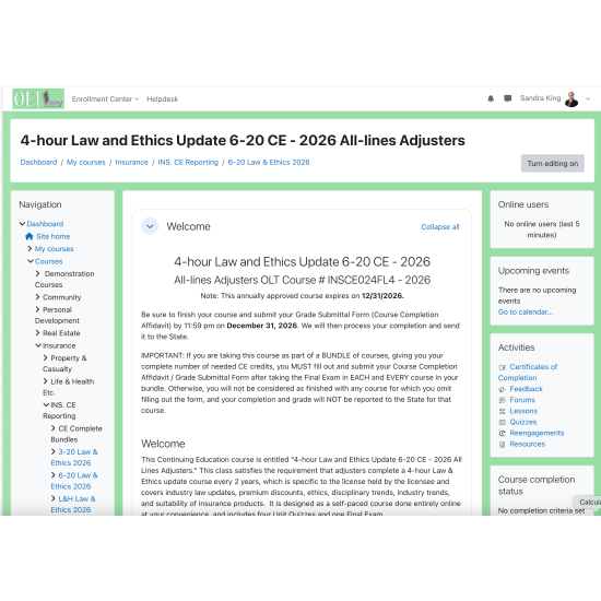 4 hr 2026 Law and Ethics Update 6-20 All Lines Adjusters CE